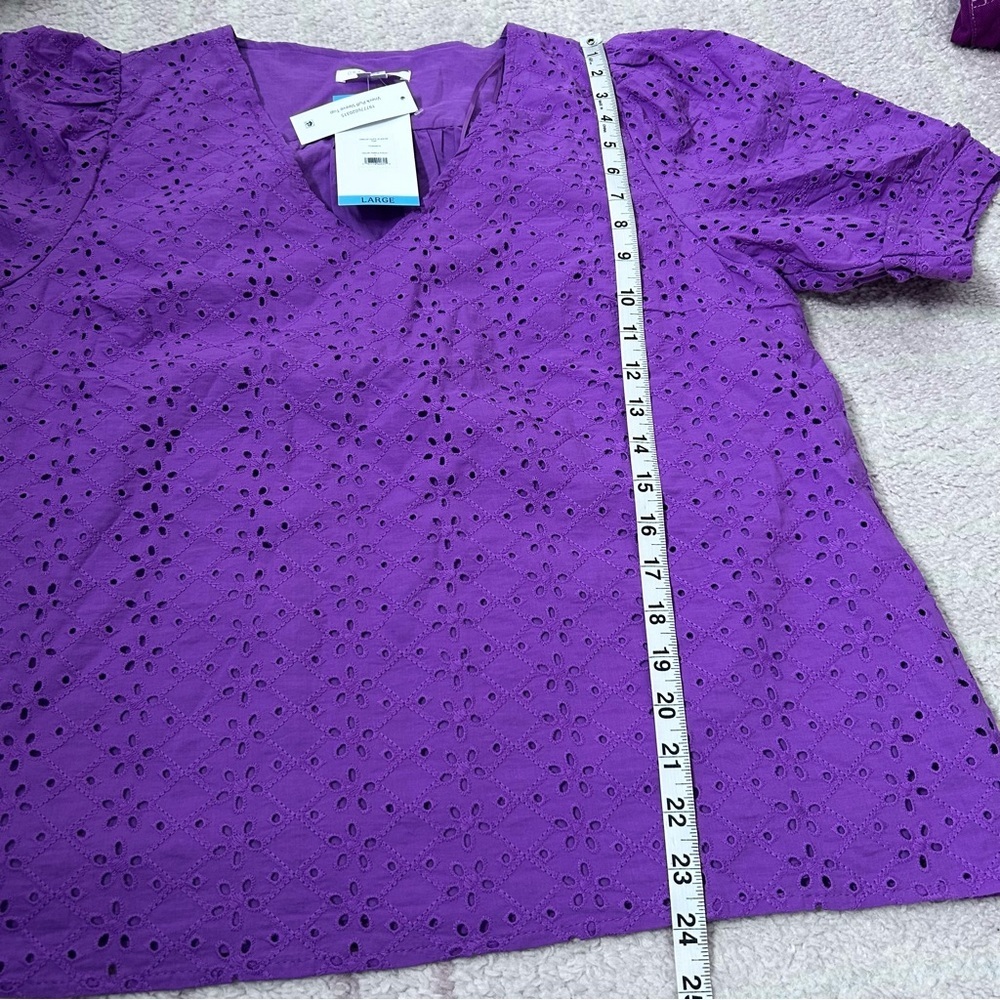 NWT Draper James Purple Eyelet V-Neck Blouse Puff Sleeves Large Preppy Summer - Picture 9 of 10